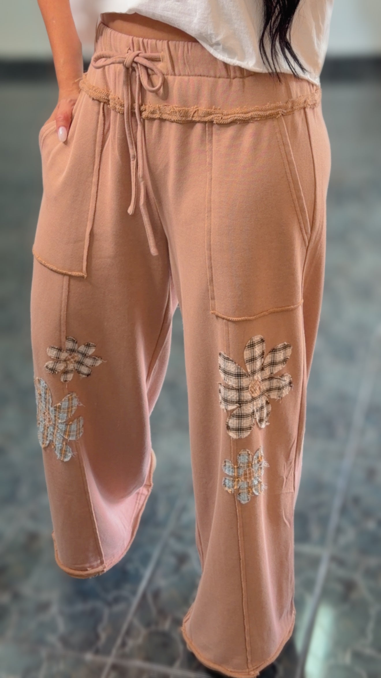 Taupe French Terry Flowers Wide Leg Pants