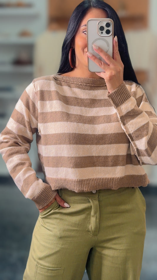 Taupe/Cream Striped Cropped Sweater