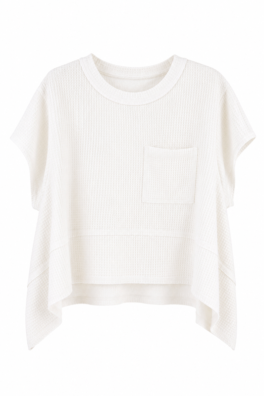 White Flared Hem Waffle Knit Top