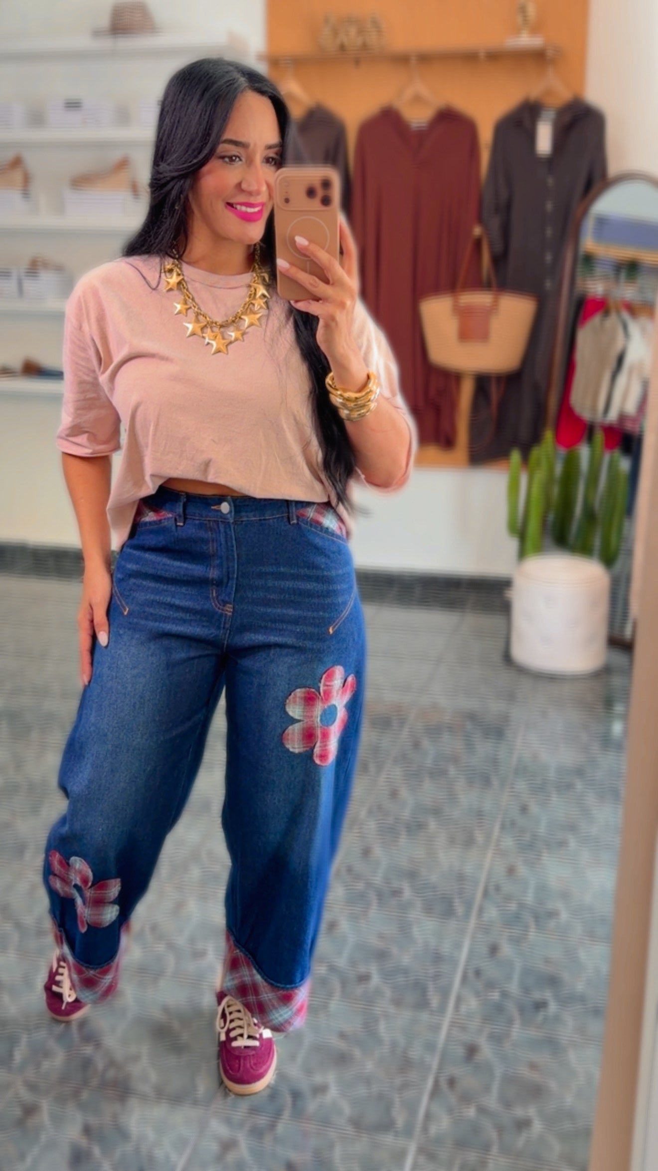 Floral Patches Cropped Wide Leg Jeans