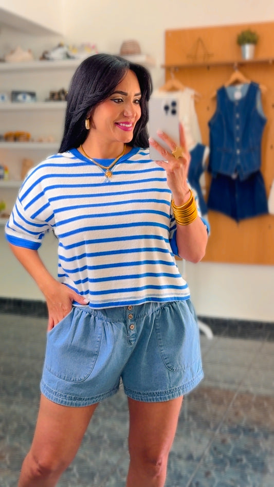 White/Blue Stripes Textured Crop Top