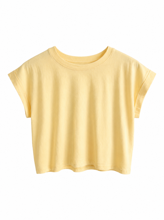 Yellow Cotton Folded Sleeve Tshirt