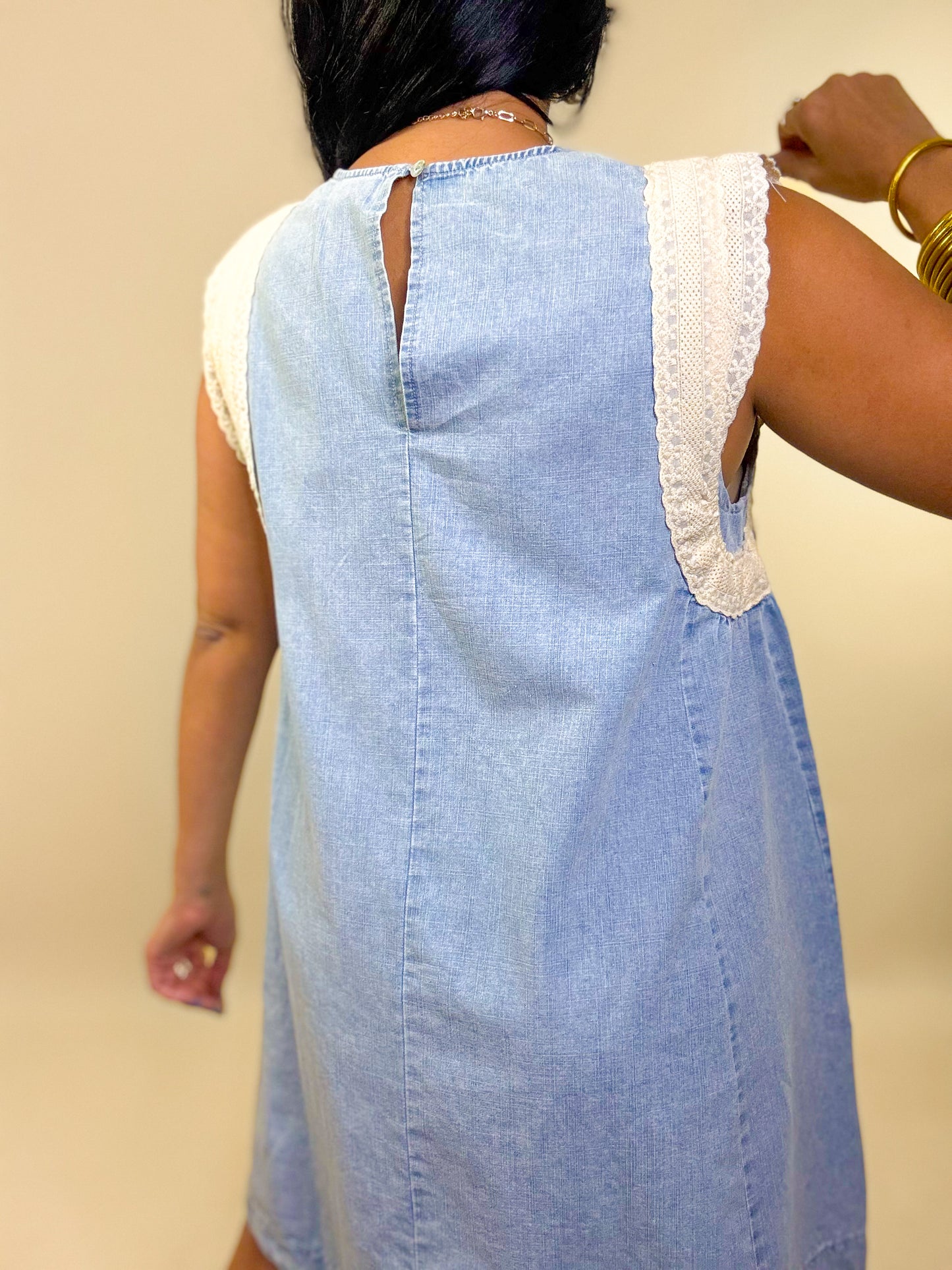 Eyelet Sleeve Chambray Dress