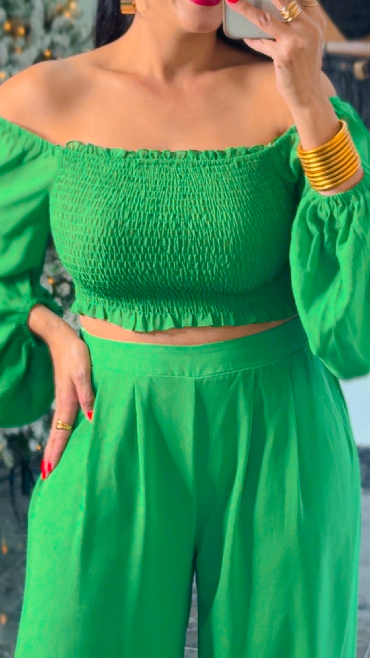 Hunter Green Smocked Woven Top & Pant Set