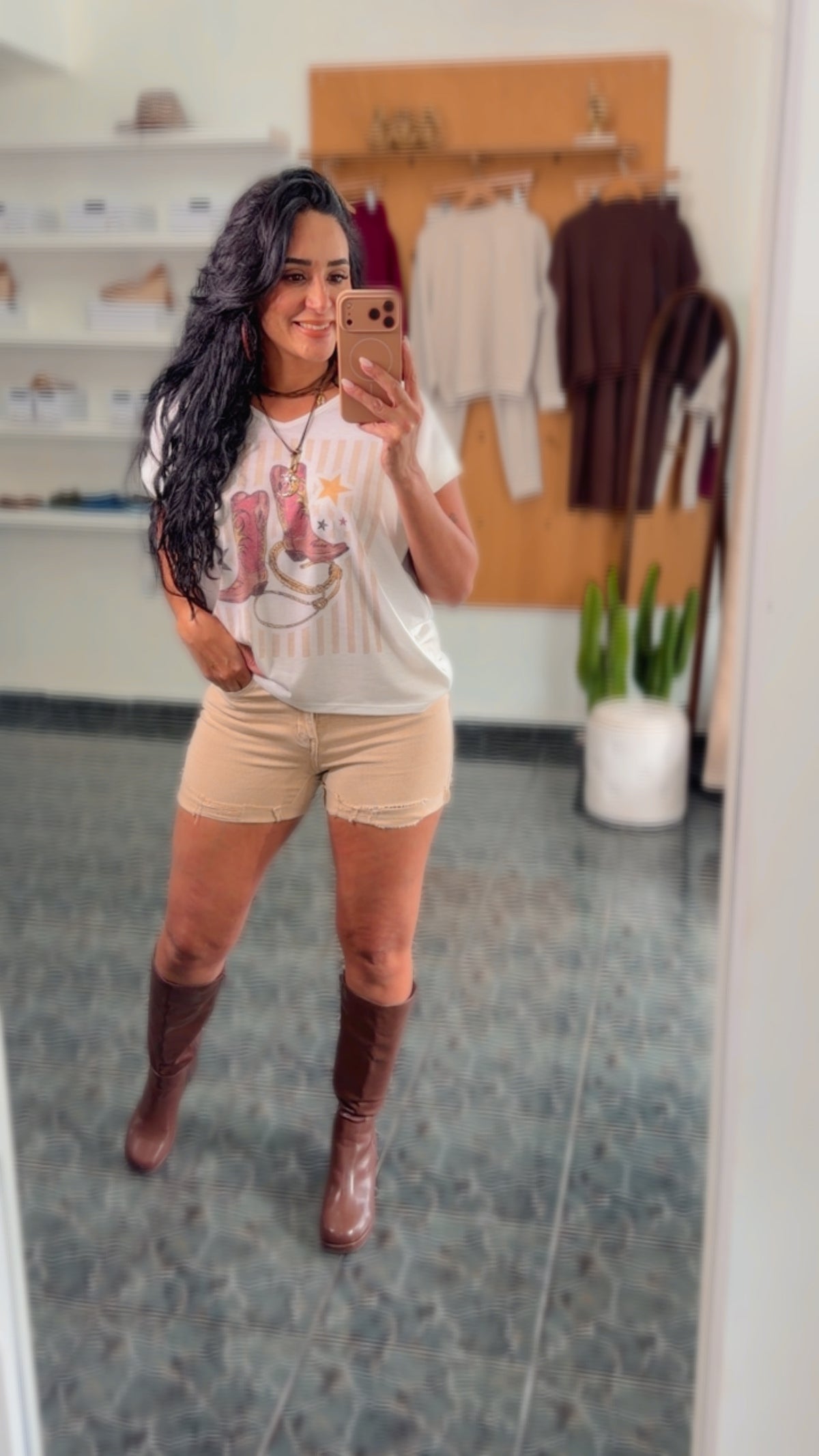 Ivory Cowboy Boots Print V Neck Top