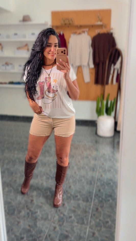 Ivory Cowboy Boots Print V Neck Top