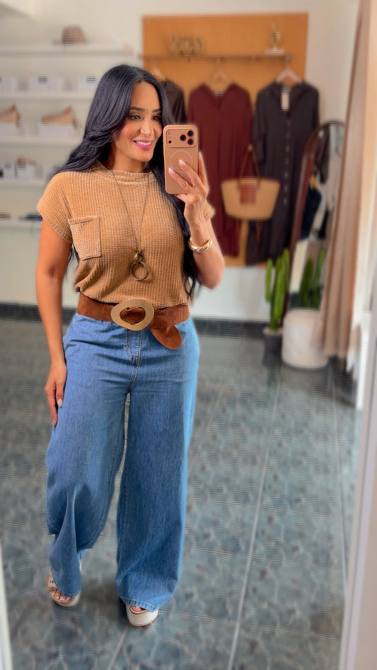 Mocha Waffle Front Pocket Top