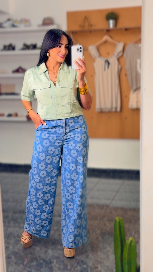 Flowers Print Light Denim Jeans