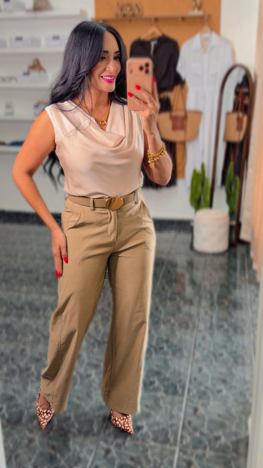Light Olive Belted Spandex Wide Leg Pants