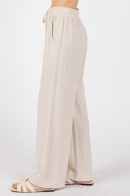 Oatmeal Drawstring Waist Wide Leg Pants