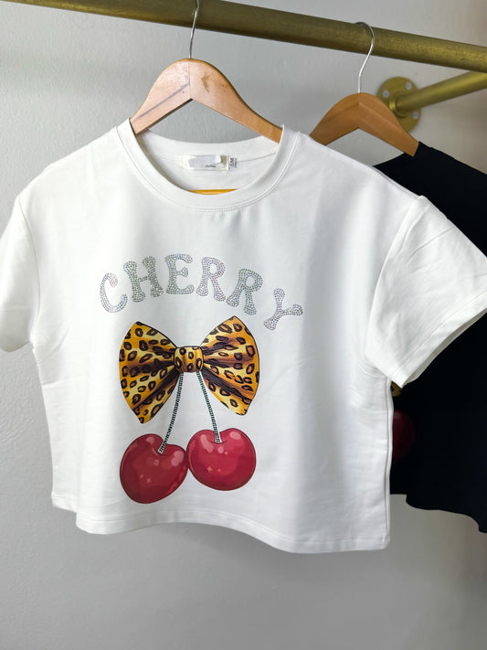 White Cherry Ribbon Crop Tee