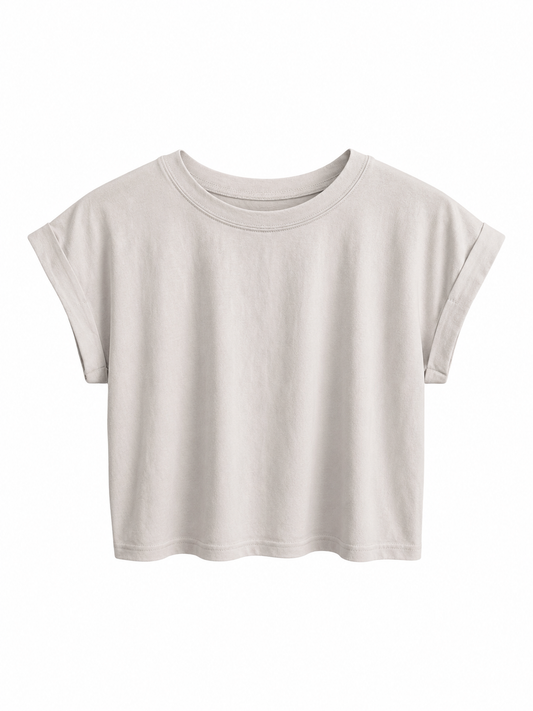Beige Cotton Folded Sleeve Tshirt