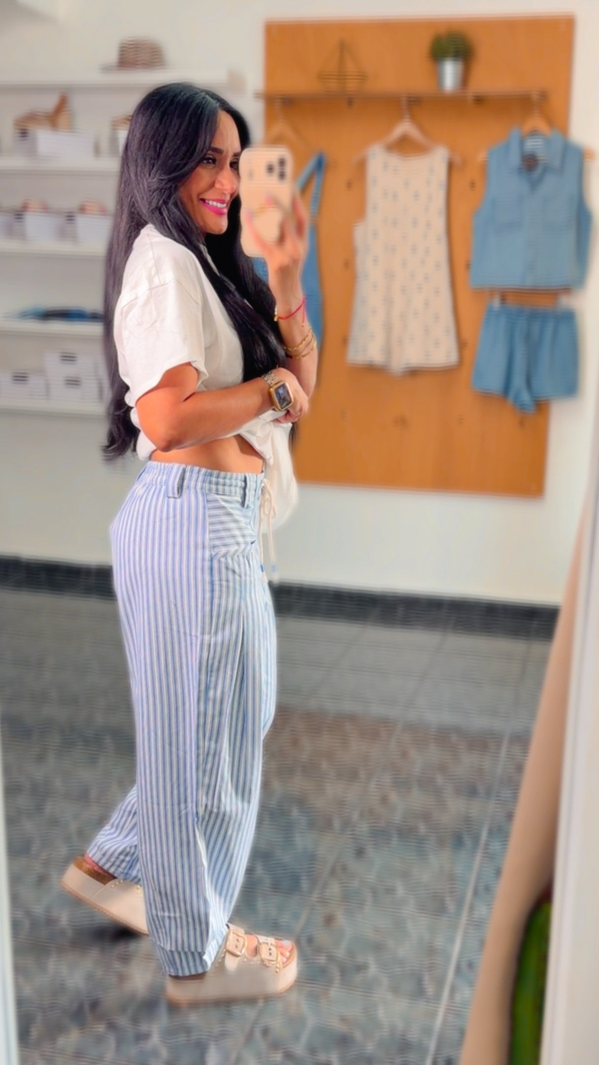 Blue Striped Barrel Denim Pants