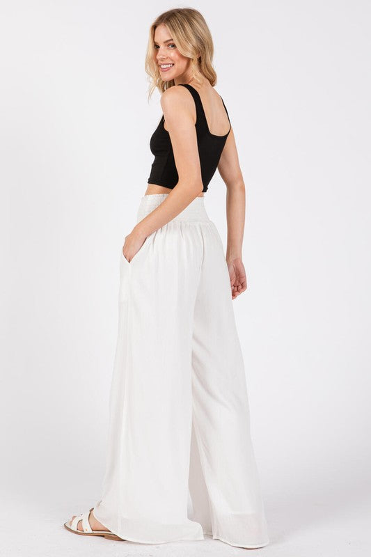 Ivory Wide Smock Waist Wide Leg Pants W Lining