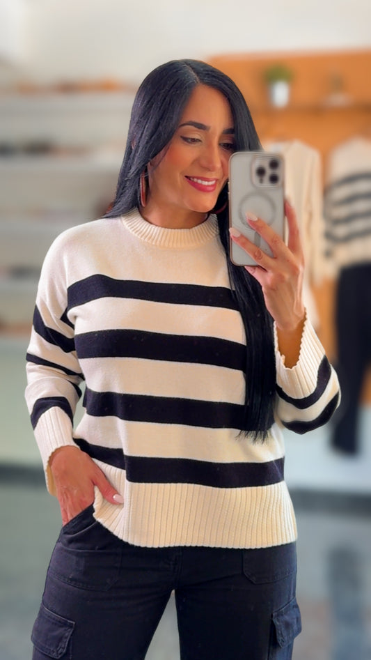 Black/Cream Striped Knit Sweater