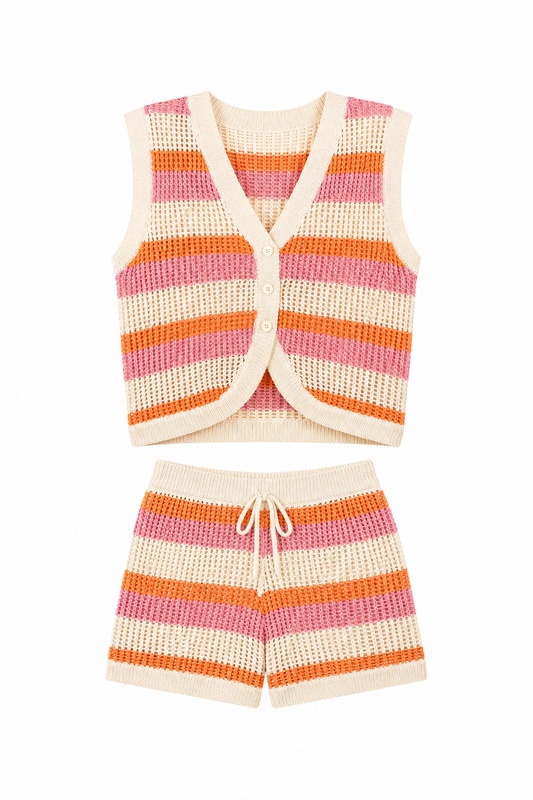 Pink Mix Stripe Crochet Knit Set