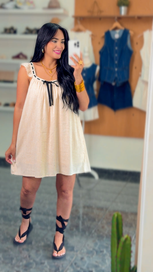 Oatmeal Linen Ruffle Sleeve Mini Dress