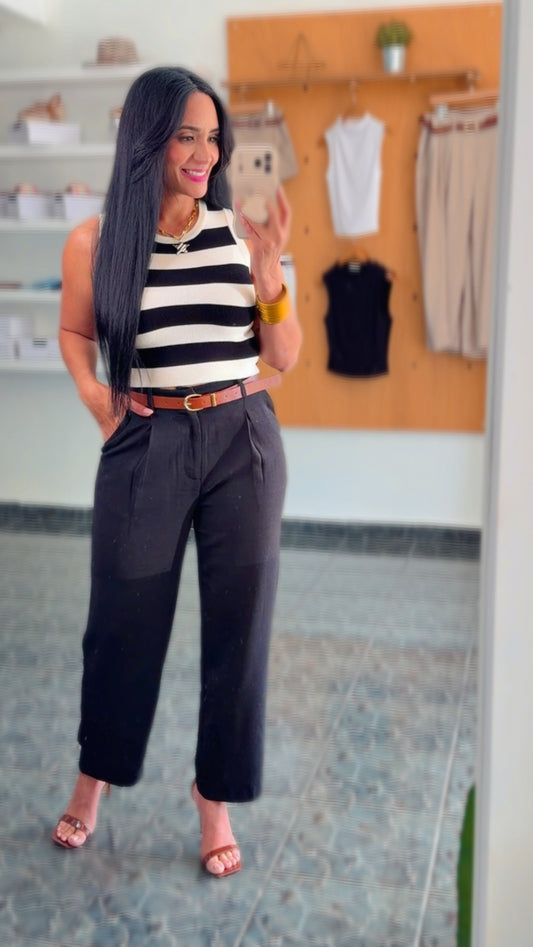 Black Knit Striped Spandex Crop Top
