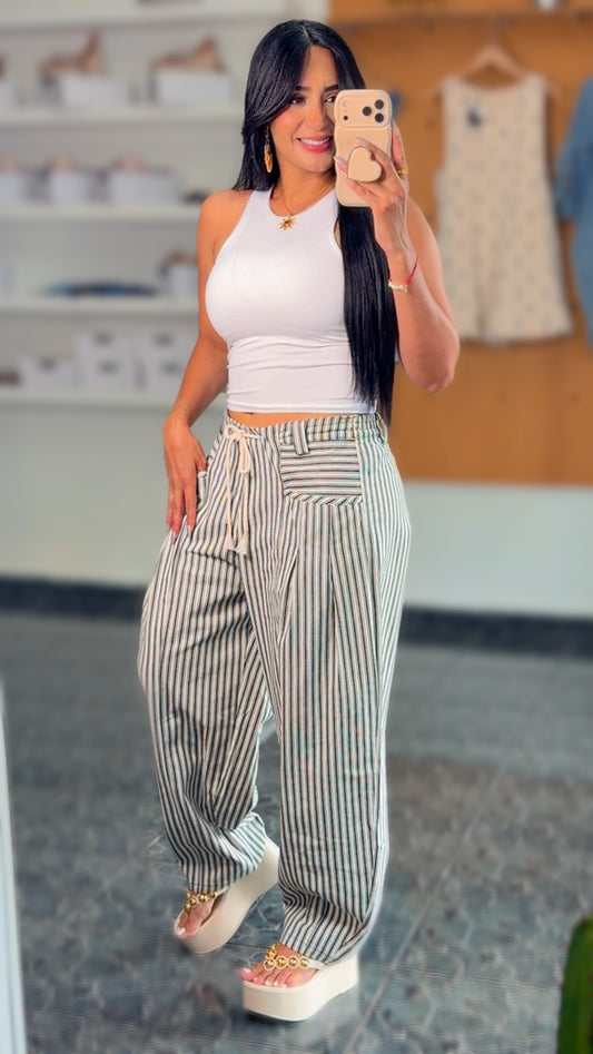 Green Striped Barrel Denim Pants