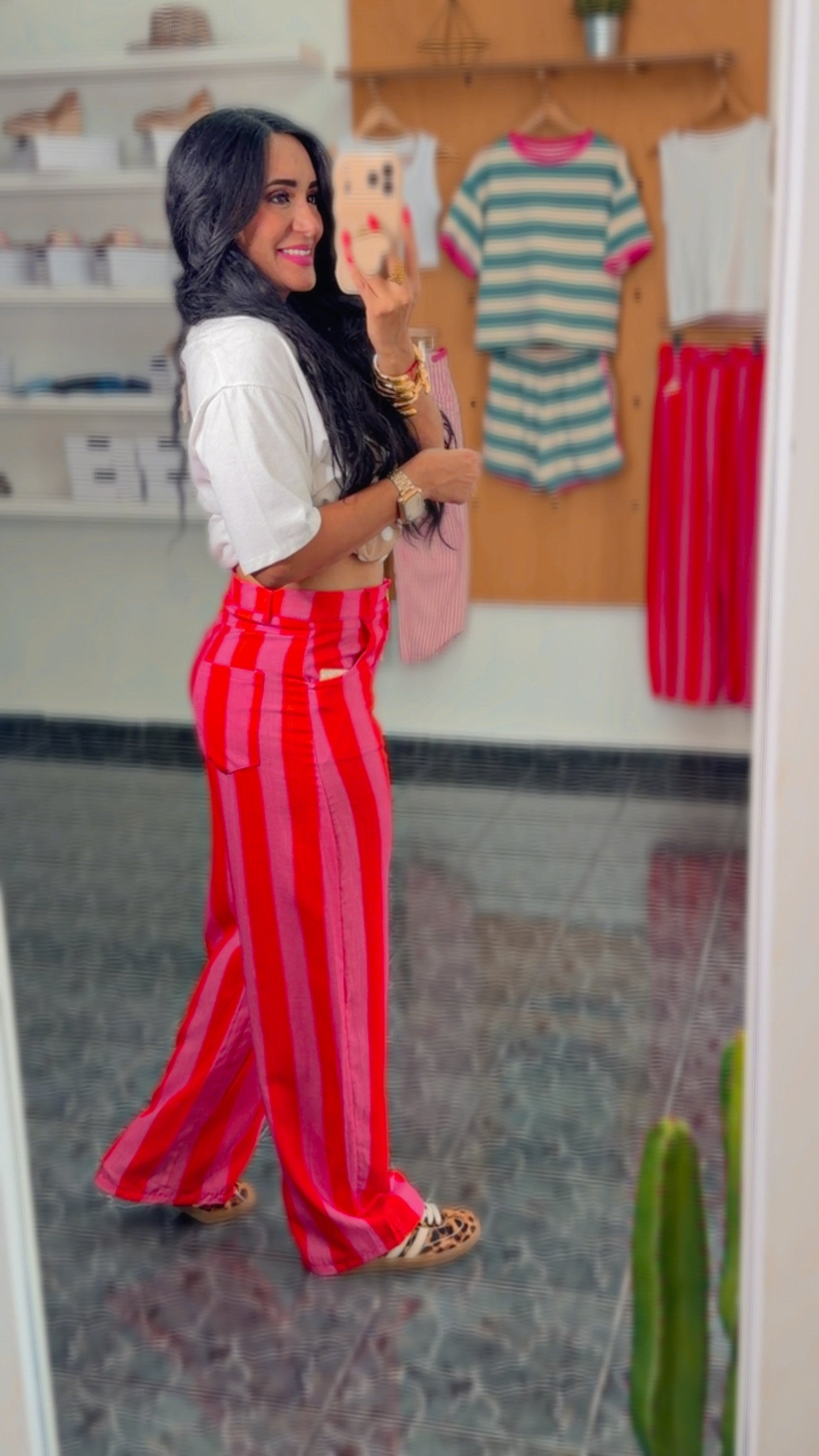 ITALY Red/Pink Linen Striped Pants