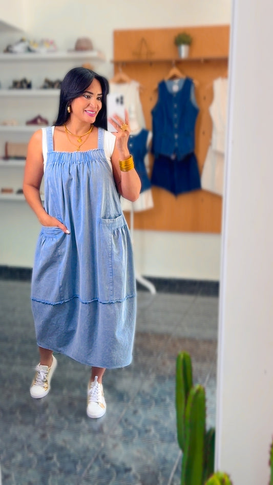 Washed Denim Overall Midi Dress