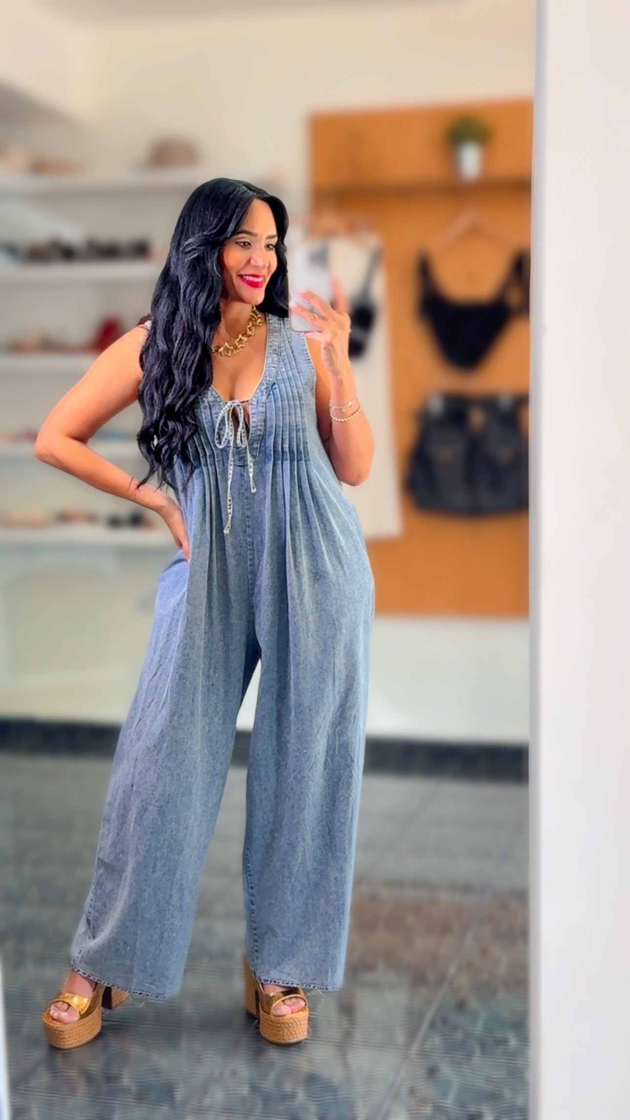 Washed Denim Wide Leg Jumpsuit
