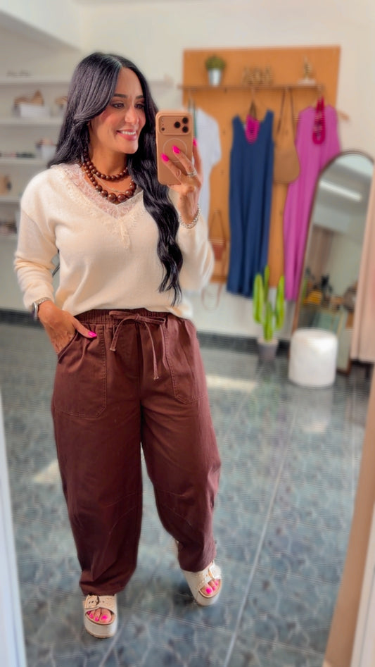 Brown Twill Elastic Waist Barrel Pants