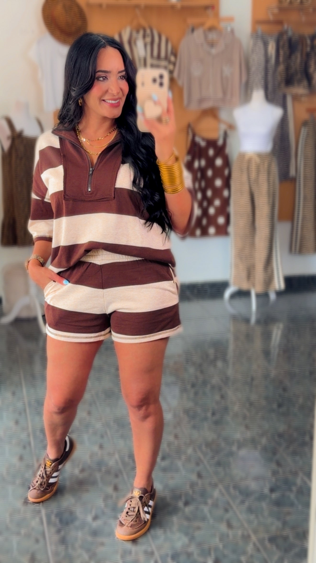 Brown French Terry Stripped Half Zip Set