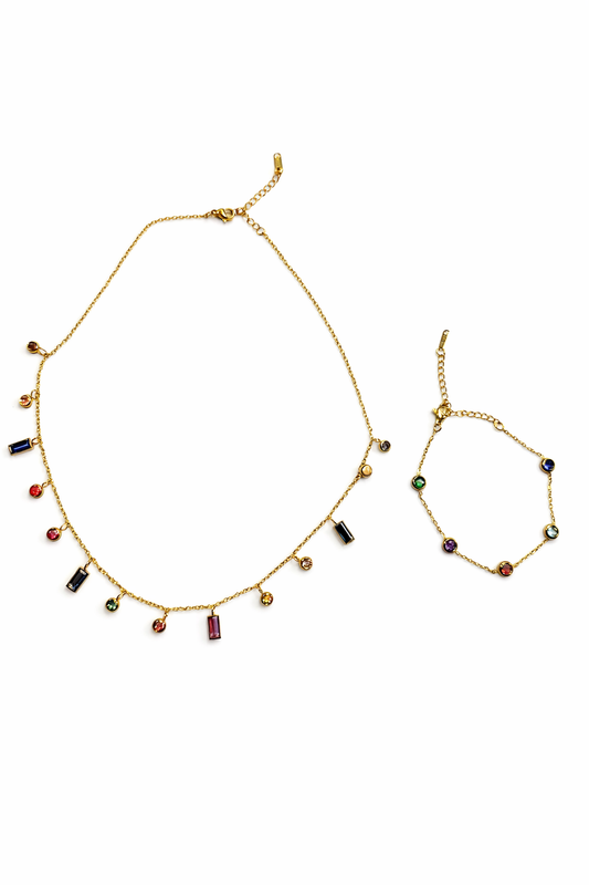 18K Gold Pleated Waterproof Stainless Steel Crystal Charms Set