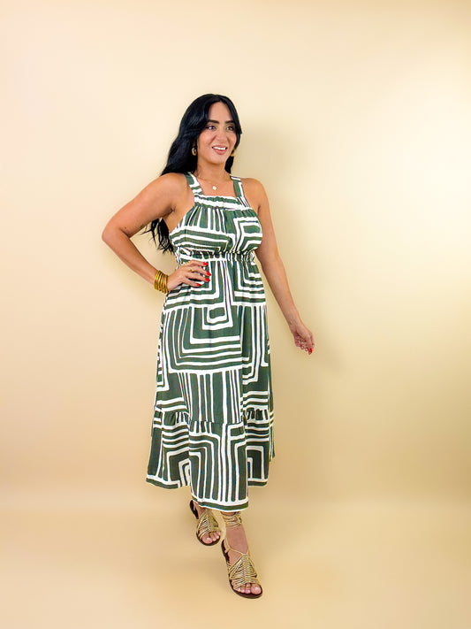 Olive/Cream Isadora Rayon Midi Dress