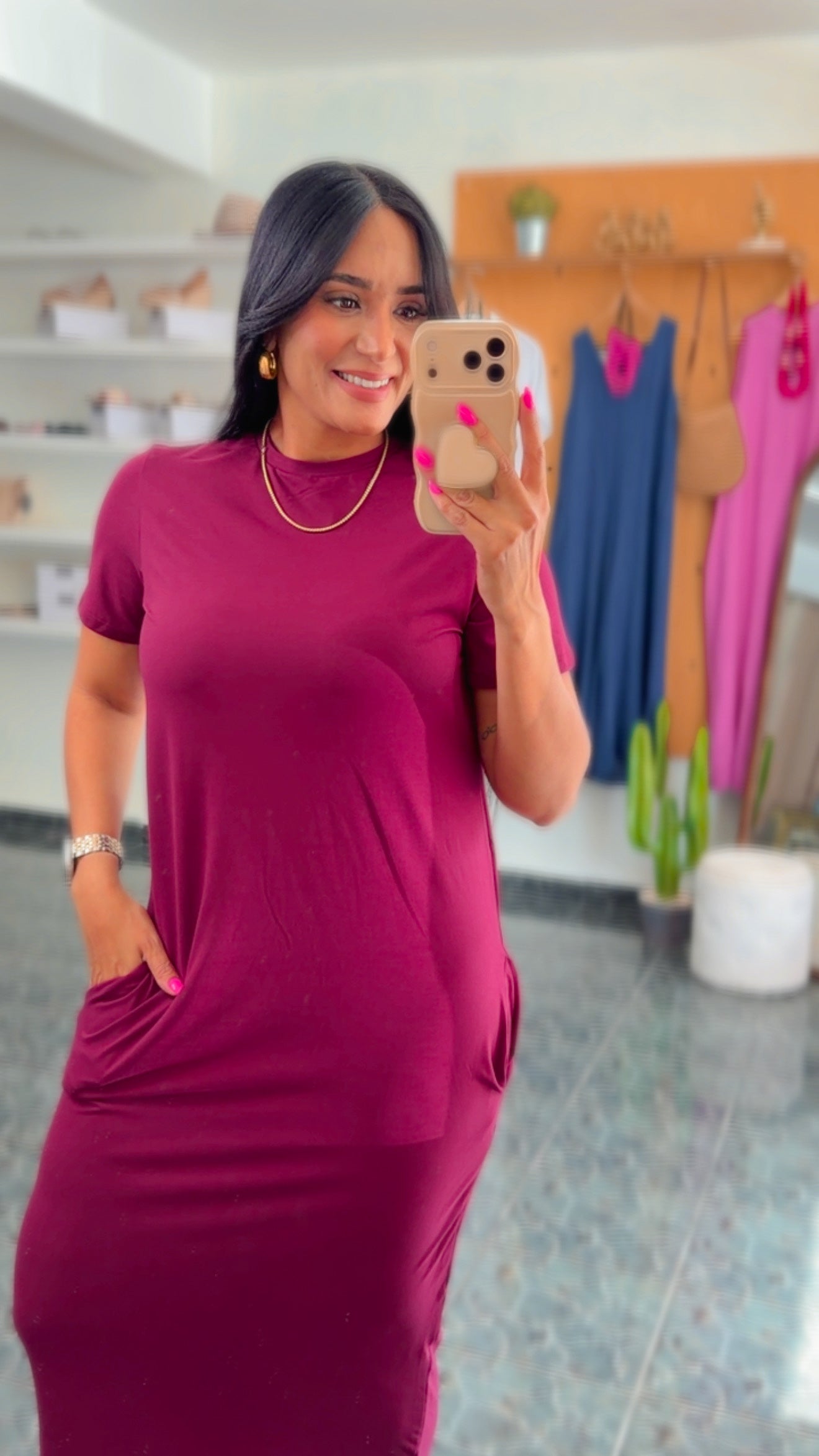 Burgundy Spandex Pocket Tee Dress