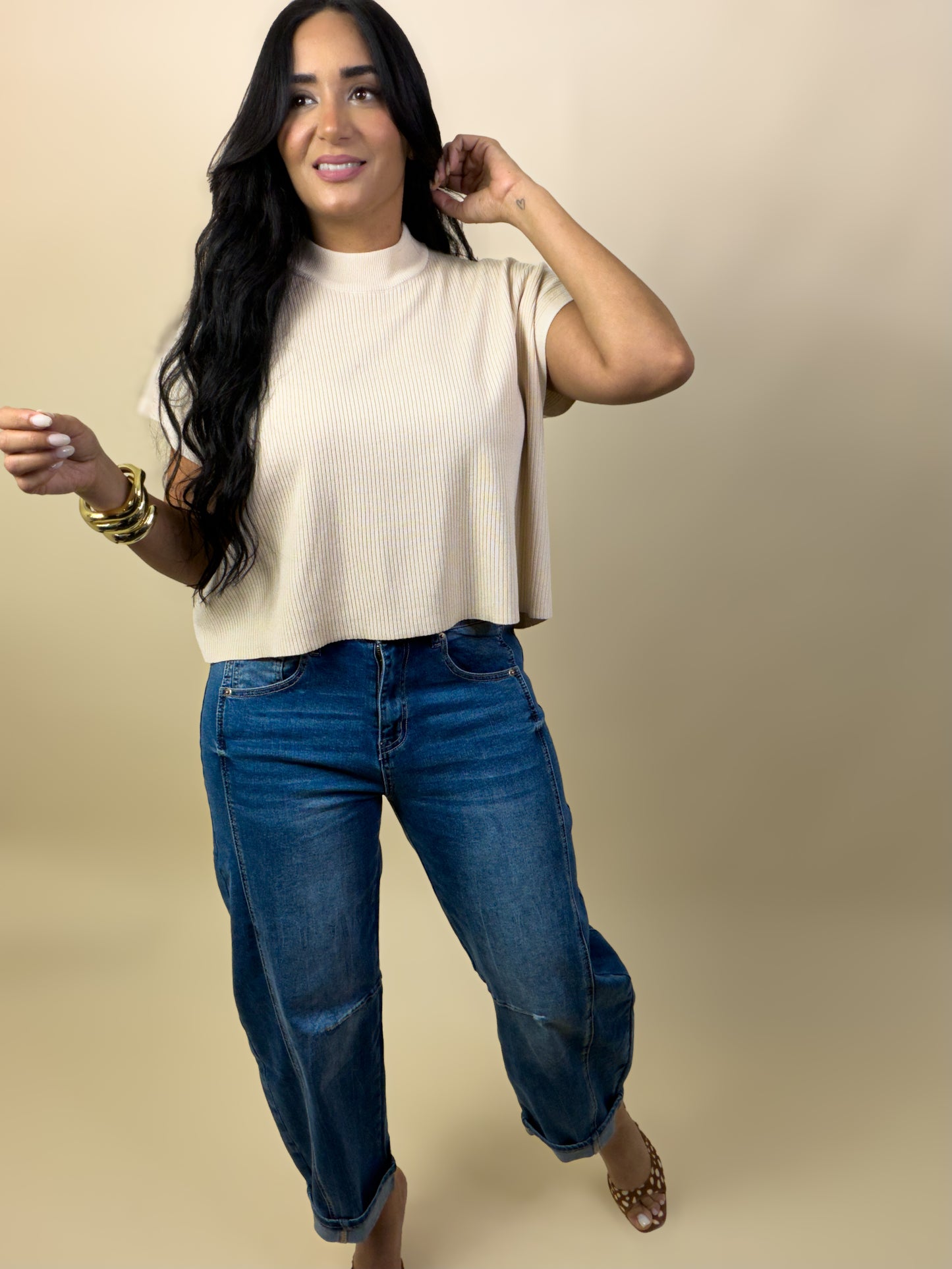 Beige Viscose Mock Neck Boxy Sweater