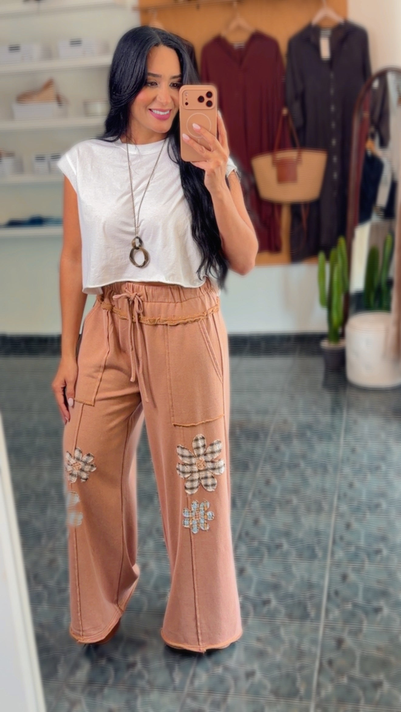 Taupe French Terry Flowers Wide Leg Pants