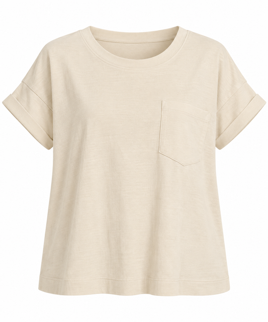 Beige Cuffed Front Pocket Tee