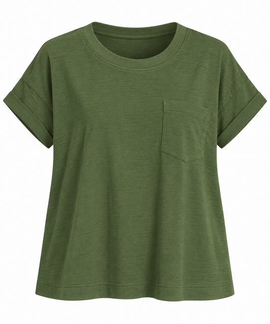 Army Green Cuffed Front Pocket Tee