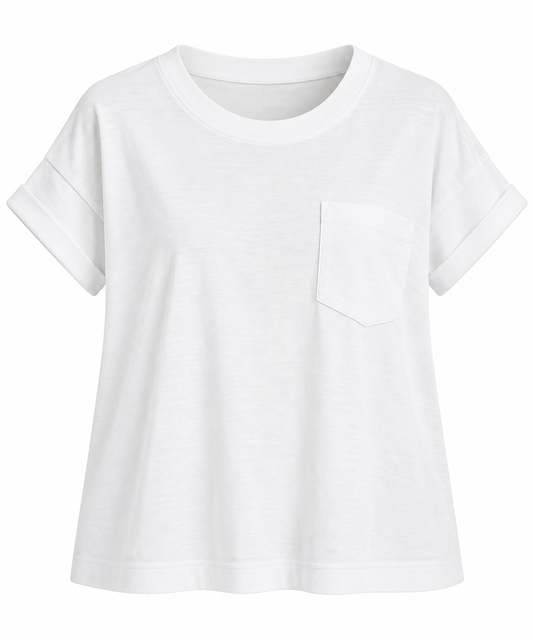 White Cuffed Front Pocket Tee