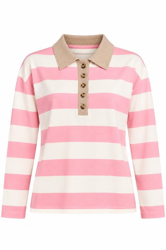 Pink Striped Contrast Collar Polo Tee