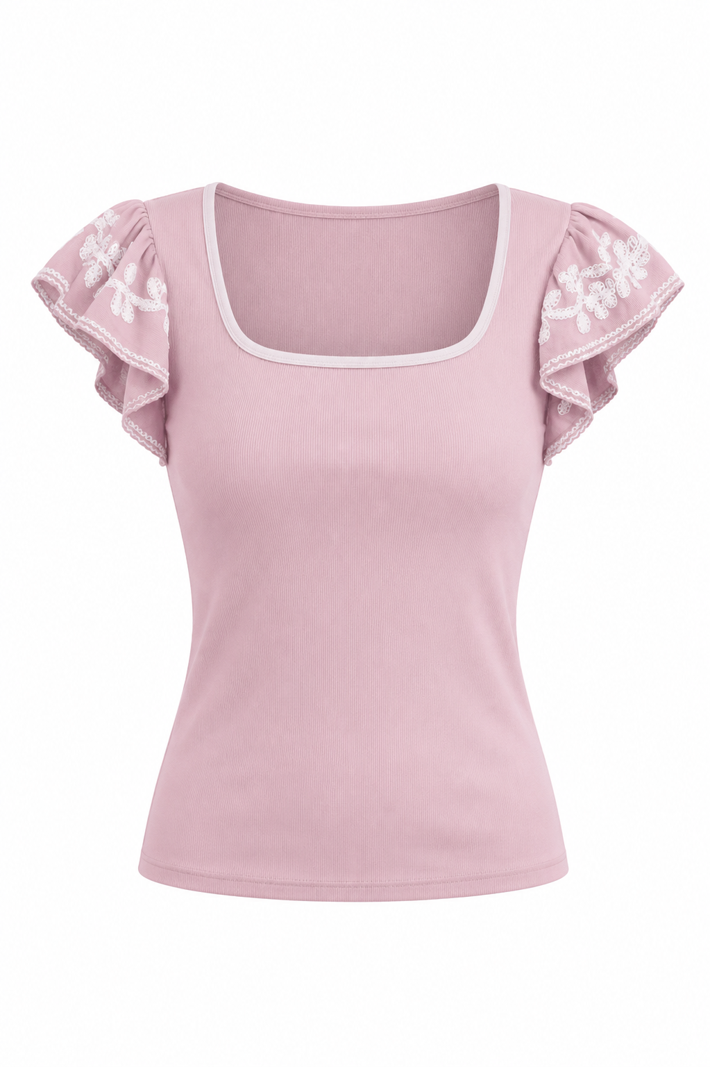 Blush Ribbed Knit Embroidered Flutter Sleeves Top
