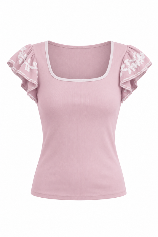 Blush Ribbed Knit Embroidered Flutter Sleeves Top