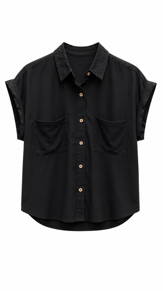 Black Button-Up Collared Blouse