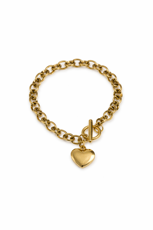 18K Gold Pleated Waterproof Stainless Steel Heart 3D Bracelet