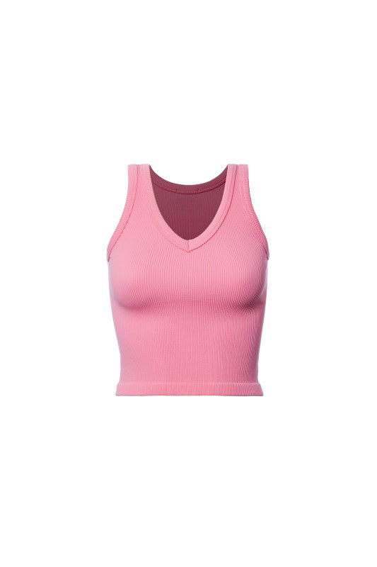 Pink Rib V Neck Crop Tank
