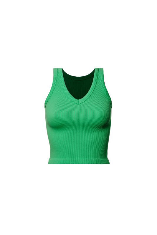 Green Rib V Neck Crop Tank