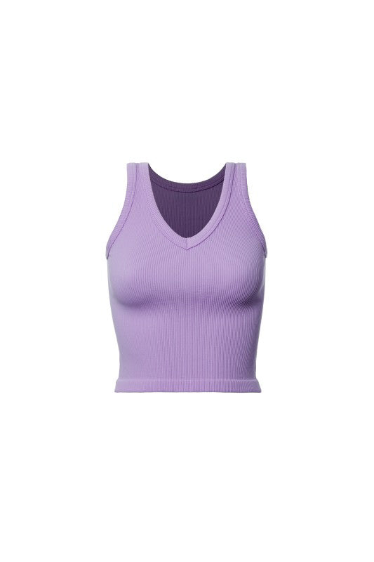 Purple Rib V Neck Crop Tank