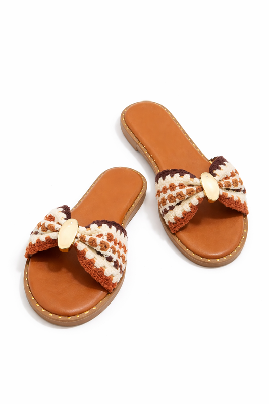 Brown Crochet Bow Slide Sandals
