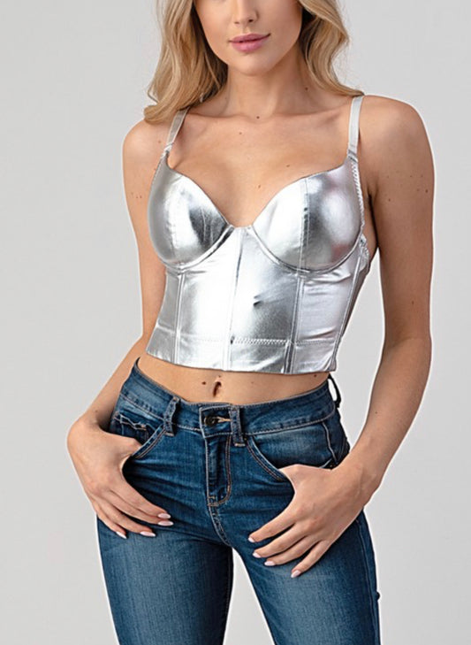 Silver Metallic Strechy Cropped Bustier