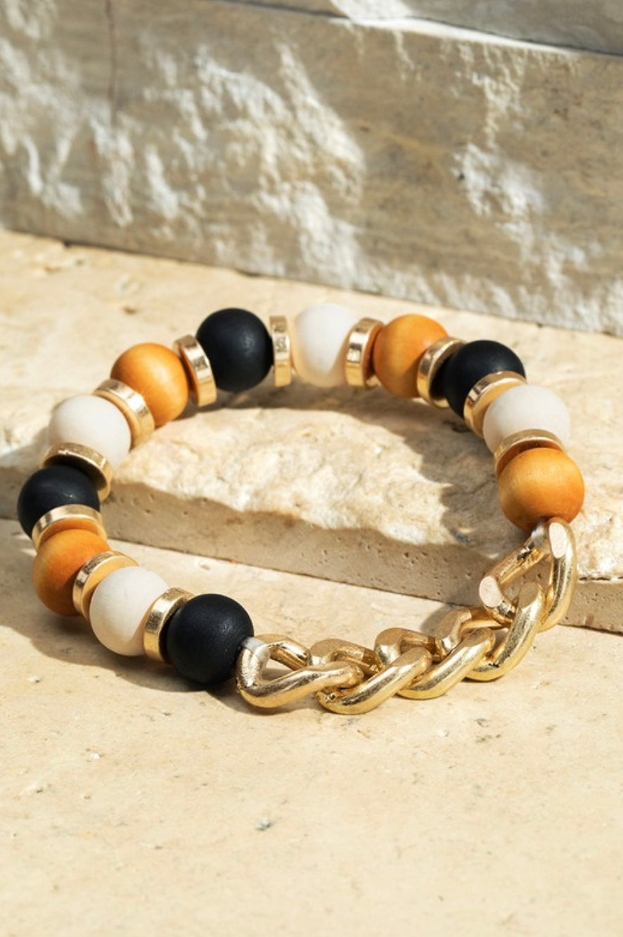 Wood Beaded and Link Chain Stretch Bracelet